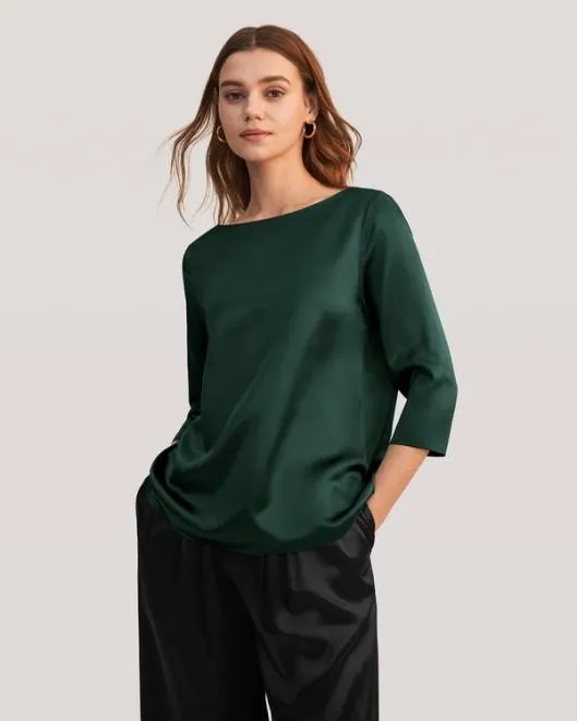 34 Sleeve Boat Neck Silk Blouse Women Lilysilk Tops