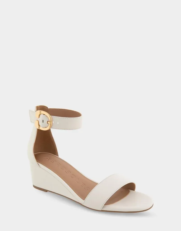 Aerosoles Comfortable Women039s Ankle Strap Mid Wedge Sandal In Eggnog Faux Leather Eggnog Faux Leather Women Wide Width Sandals