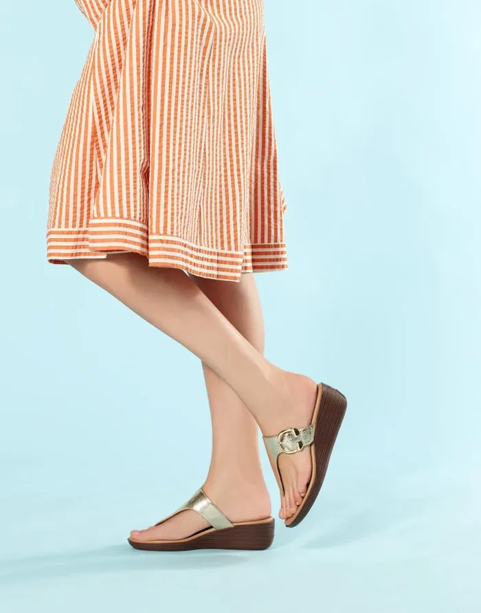 Aerosoles Comfortable Women039s Buckle Detail Wedge Thong Sandal In Soft Gold Faux Leather Soft Gold Faux Leather Women Clogs and Mules