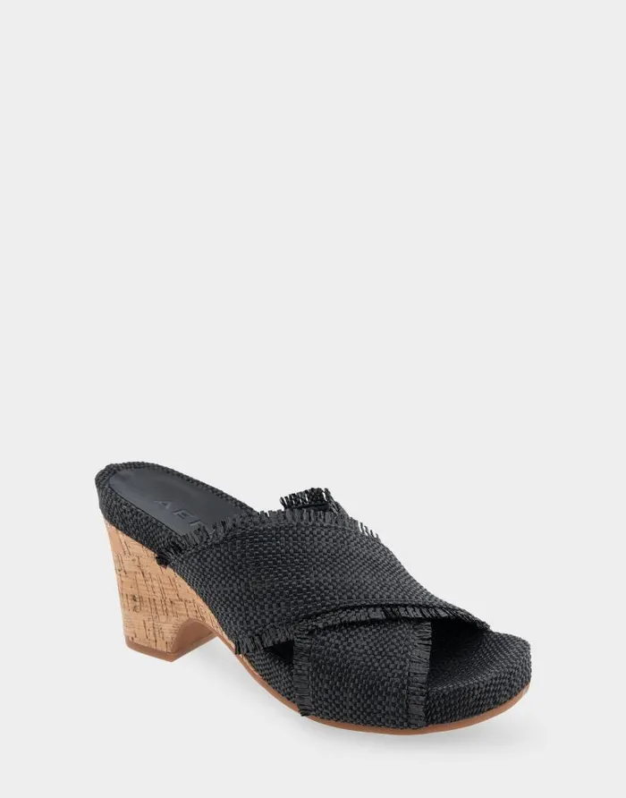 Aerosoles Comfortable Women039s Crisscross Footbed Wedge Sandal In Black Raffia Raffia Fabric Black Raffia Women Dress