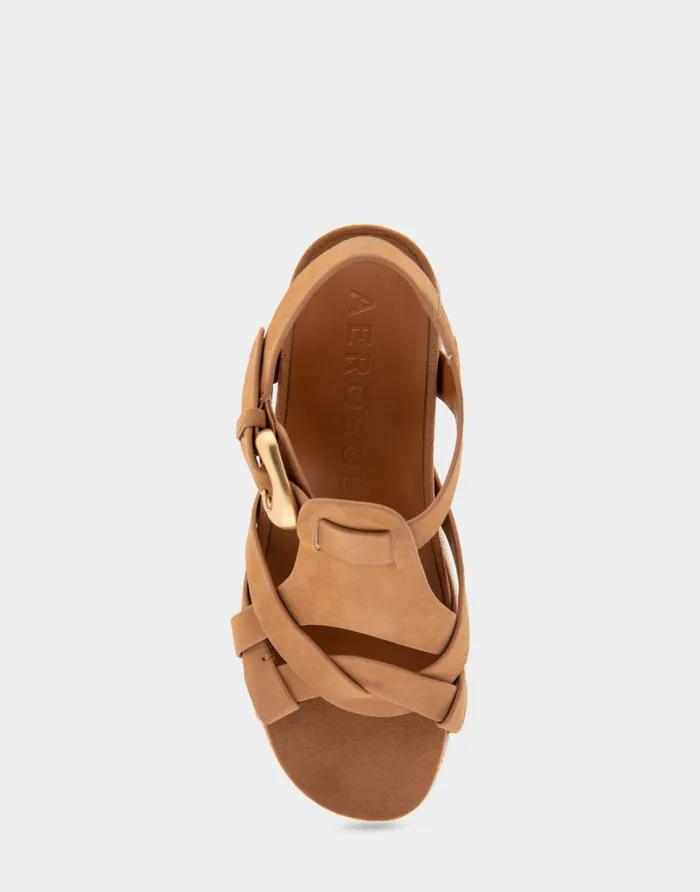 Aerosoles Comfortable Women039s Strappy Molded Footbed Platform Sandal In Tan Suede Tan Suede Women Platforms