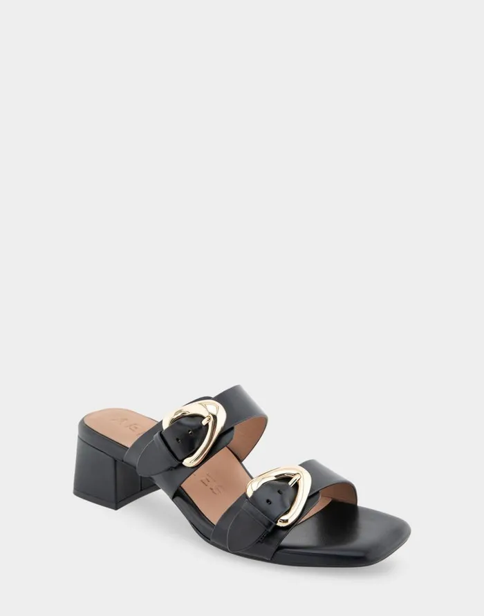 Aerosoles Comfortable Women039s Two Strap Block Heel Slide Sandal In Black Leather Black Leather Women Slides