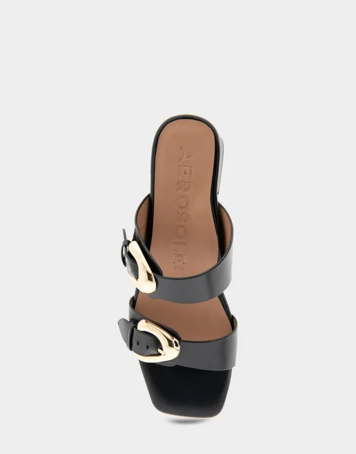 Aerosoles Comfortable Women039s Two Strap Block Heel Slide Sandal In Black Leather Black Leather Women Slides