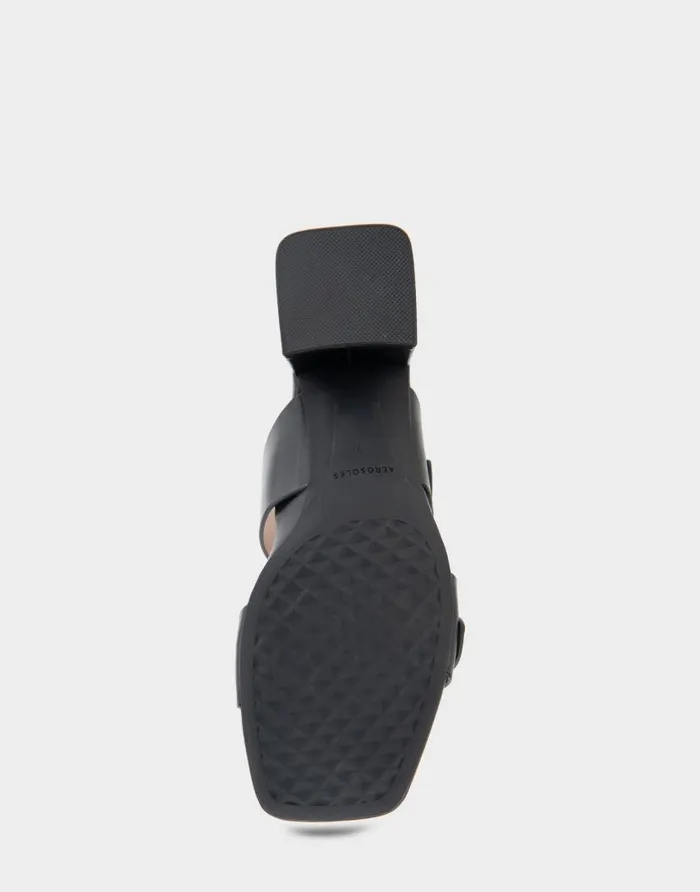Aerosoles Comfortable Women039s Two Strap Block Heel Slide Sandal In Black Leather Black Leather Women Slides