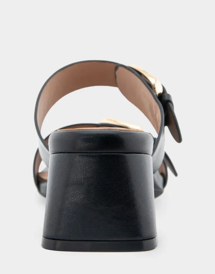 Aerosoles Comfortable Women039s Two Strap Block Heel Slide Sandal In Black Leather Black Leather Women Slides