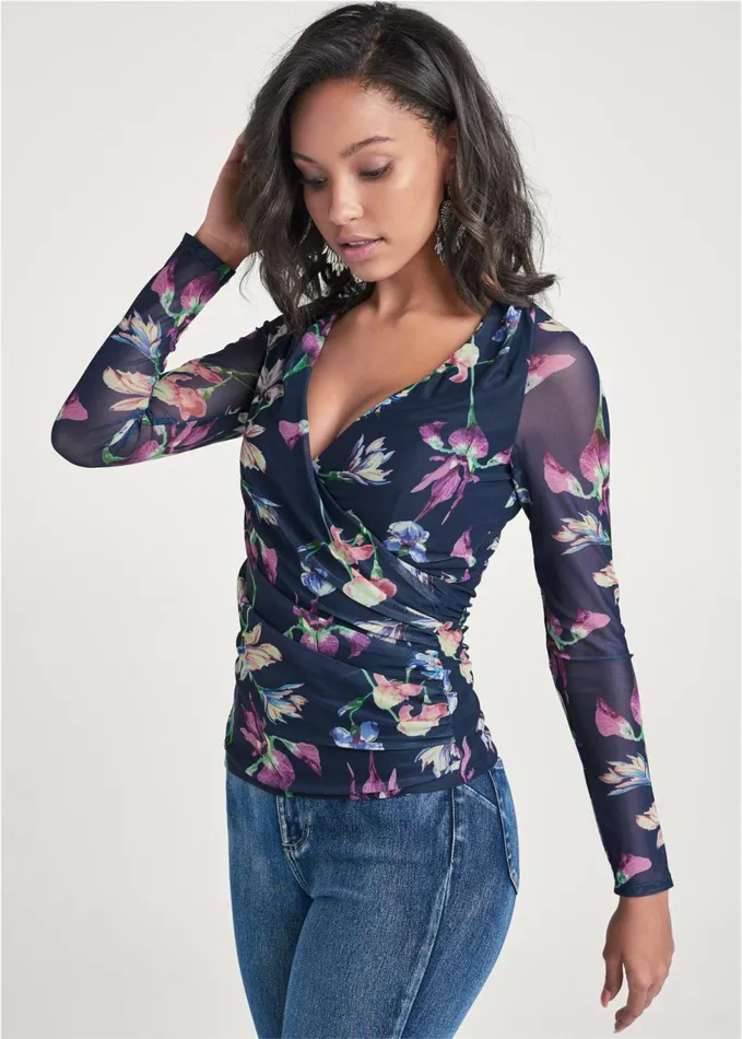 BAHAMIAN FLORAL MESH TOP Navy Multi Women VENUS Night Out Tops