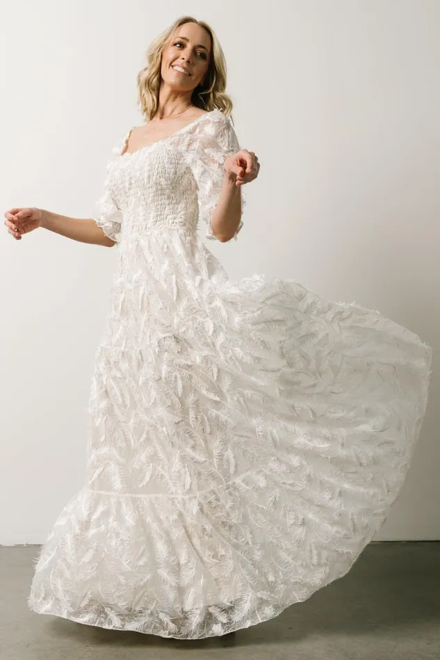 Baltic Born Bridal Women Paloma Smocked Feather Maxi Dress Off White