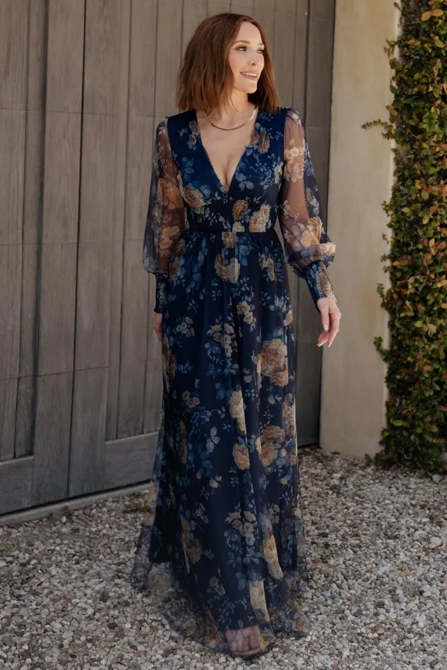 Baltic Born Bump Friendly Women Layla Tulle Maxi Dress Blue Golden Floral