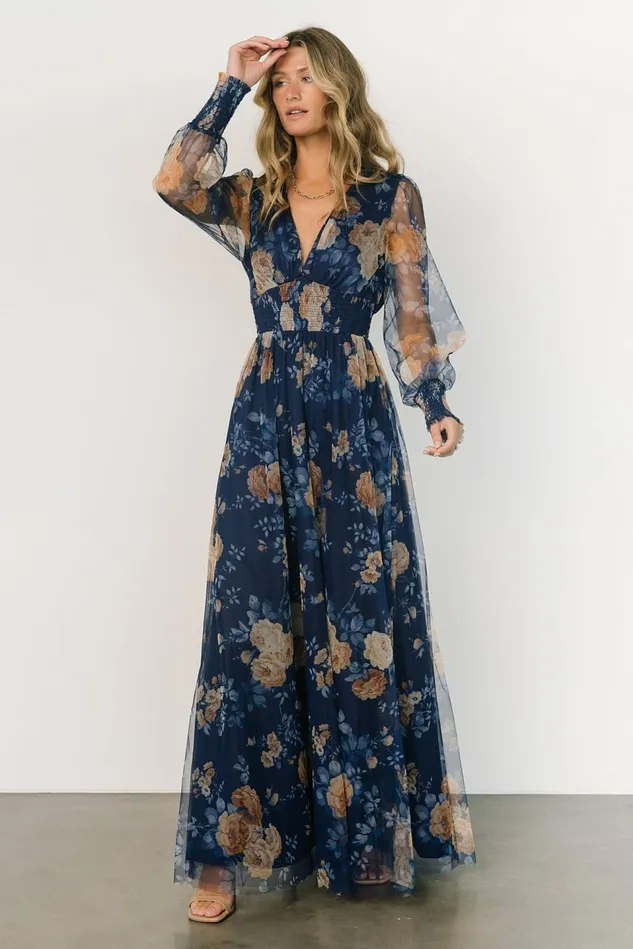 Baltic Born Bump Friendly Women Layla Tulle Maxi Dress Blue Golden Floral