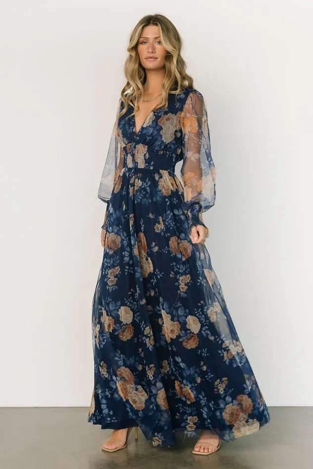 Baltic Born Bump Friendly Women Layla Tulle Maxi Dress Blue Golden Floral