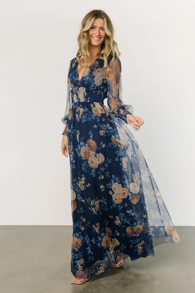 Baltic Born Bump Friendly Women Layla Tulle Maxi Dress Blue Golden Floral