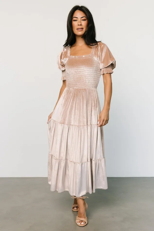 Baltic Born Bump Friendly Women Vivaldi Smocked Velvet Midi Dress Champagne