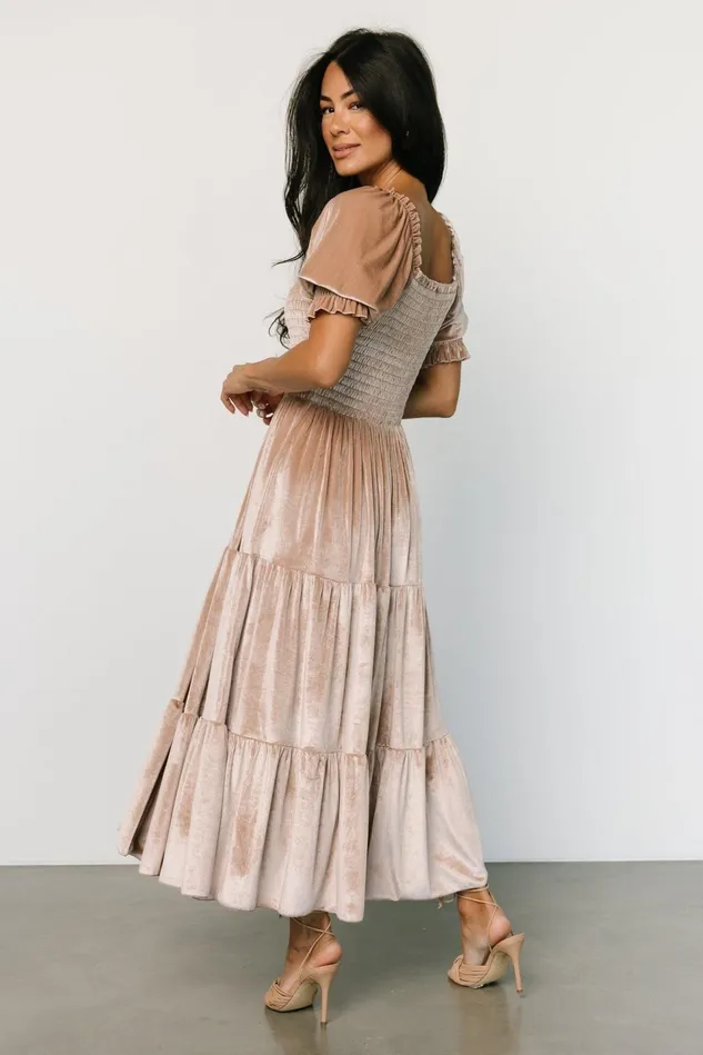 Baltic Born Bump Friendly Women Vivaldi Smocked Velvet Midi Dress Champagne