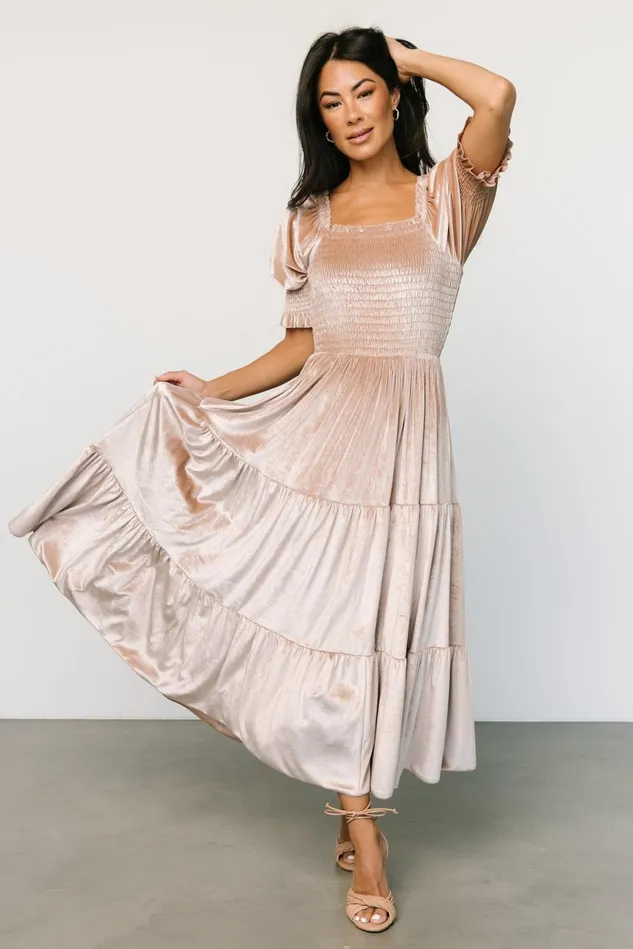 Baltic Born Bump Friendly Women Vivaldi Smocked Velvet Midi Dress Champagne