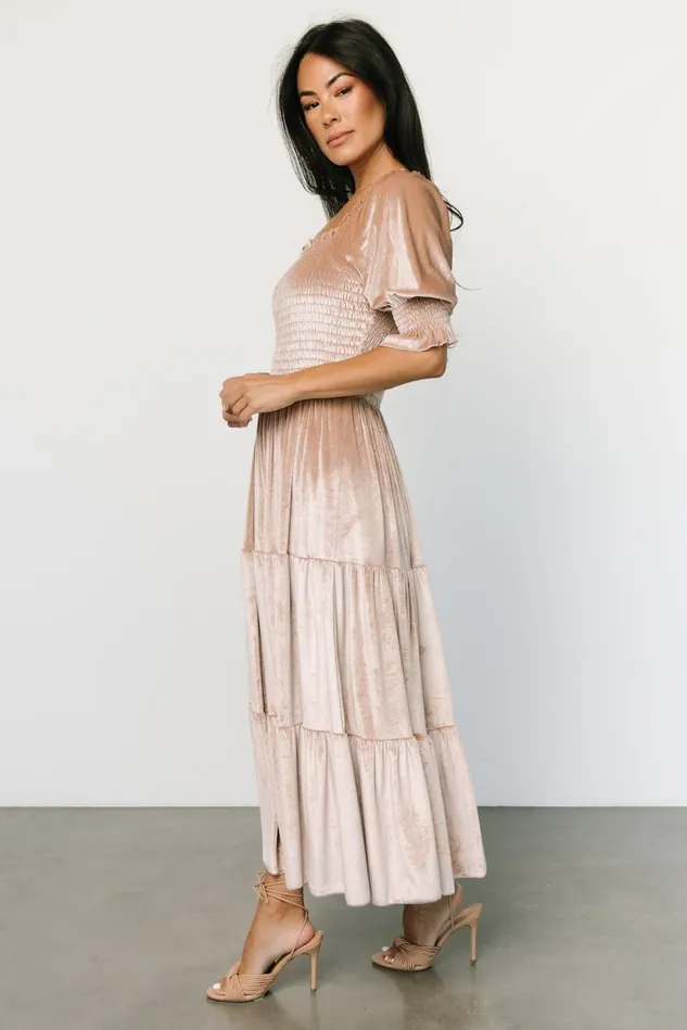 Baltic Born Bump Friendly Women Vivaldi Smocked Velvet Midi Dress Champagne