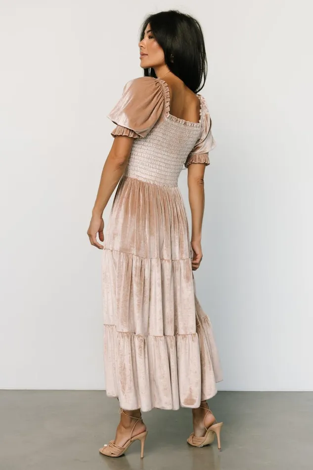 Baltic Born Bump Friendly Women Vivaldi Smocked Velvet Midi Dress Champagne