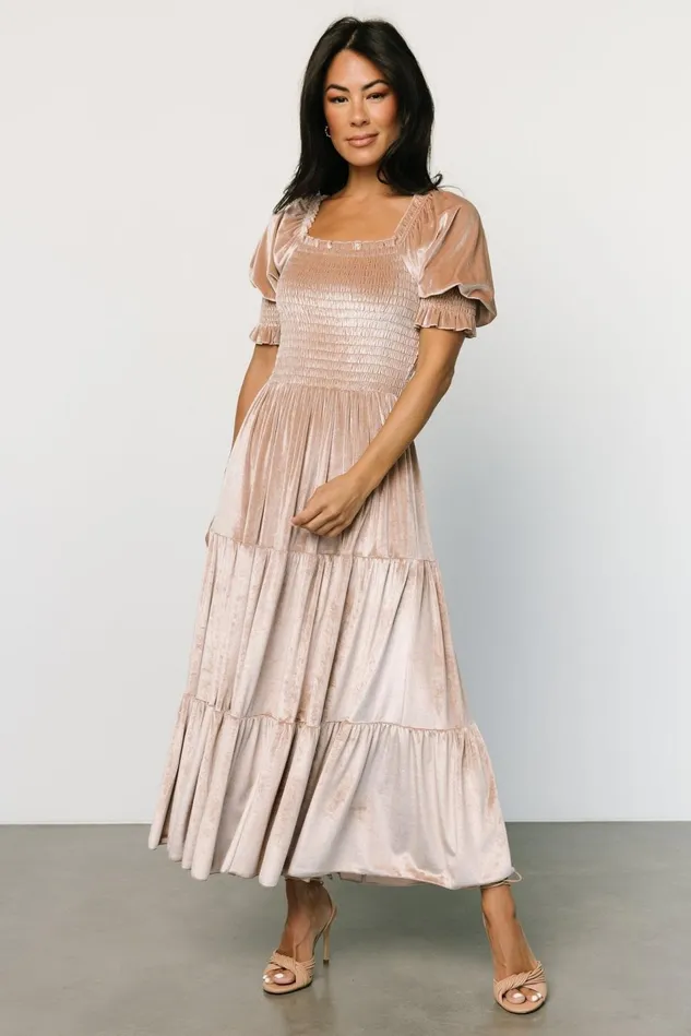 Baltic Born Bump Friendly Women Vivaldi Smocked Velvet Midi Dress Champagne