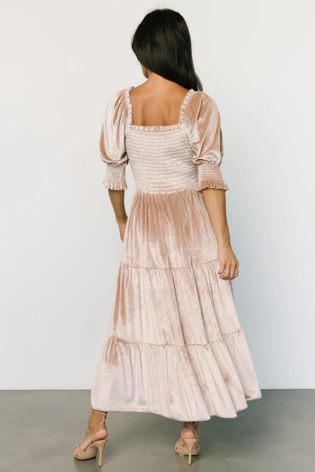 Baltic Born Bump Friendly Women Vivaldi Smocked Velvet Midi Dress Champagne