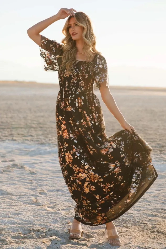 Baltic Born Embellished Sequin Women Cassandra Tulle Maxi Dress Black Blossom