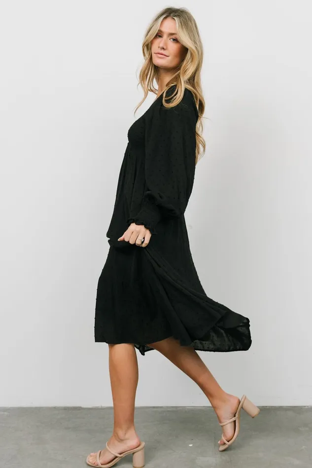 Baltic Born Midi Dresses Women Lainey Smocked Dotted Midi Dress Black Baltic Born Midi Dresses Women Lainey Smocked Dotted Midi Dress Black