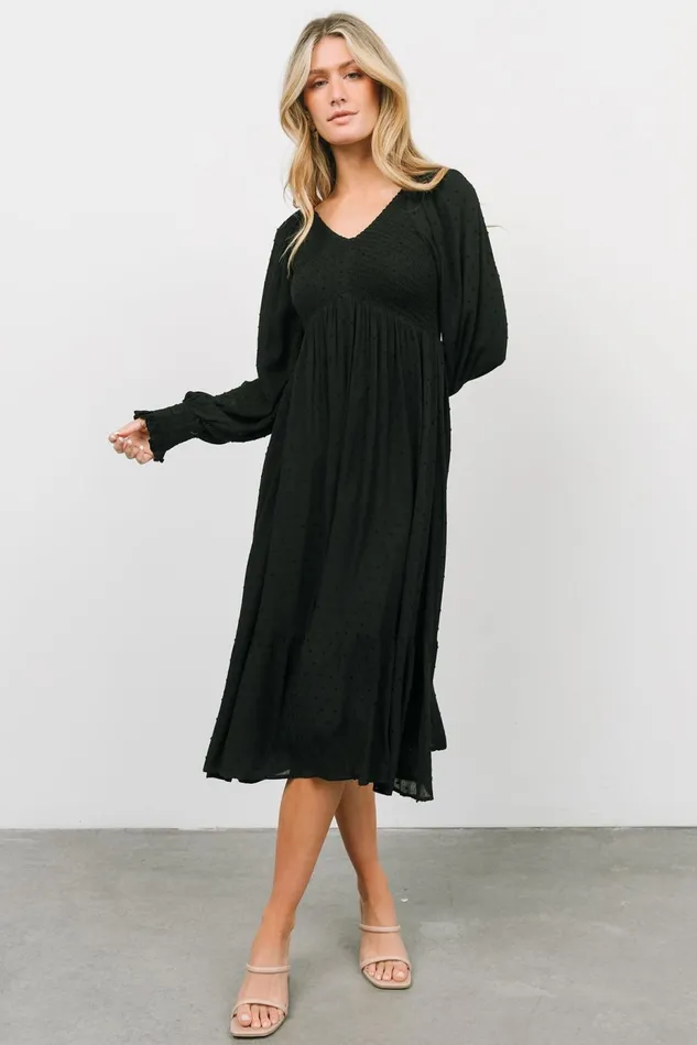 Baltic Born Midi Dresses Women Lainey Smocked Dotted Midi Dress Black Baltic Born Midi Dresses Women Lainey Smocked Dotted Midi Dress Black
