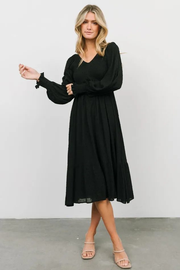Baltic Born Midi Dresses Women Lainey Smocked Dotted Midi Dress Black Baltic Born Midi Dresses Women Lainey Smocked Dotted Midi Dress Black