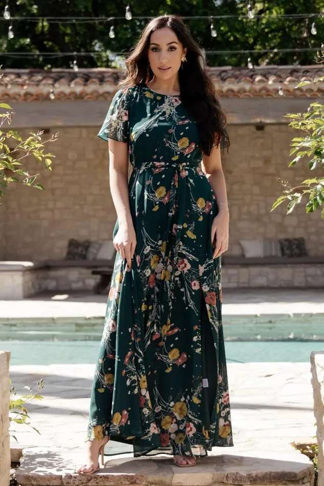 Baltic Born Mother Of The Bride Women Naomi Short Sleeve Maxi Dress Dark Green Floral