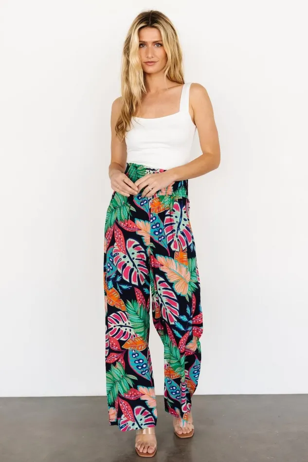 Baltic Born Pants Women Caribbean Smocked Waist Pants Navy Print