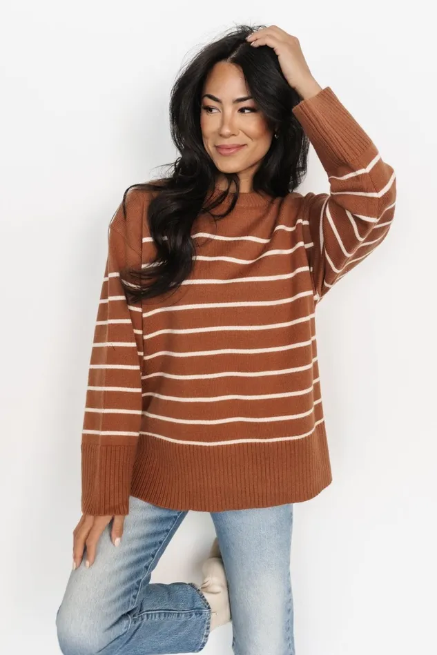 Baltic Born Sweaters Women Emerson Stripe Knit Sweater Dark Camel Ivory
