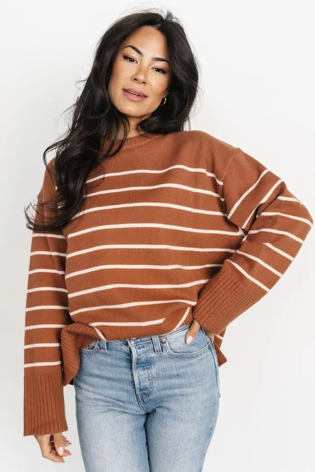 Baltic Born Sweaters Women Emerson Stripe Knit Sweater Dark Camel Ivory Baltic Born Sweaters Women Emerson Stripe Knit Sweater Dark Camel Ivory