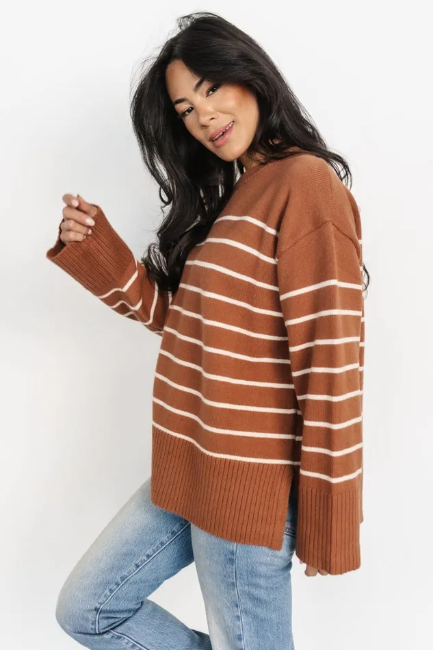 Baltic Born Sweaters Women Emerson Stripe Knit Sweater Dark Camel Ivory Baltic Born Sweaters Women Emerson Stripe Knit Sweater Dark Camel Ivory