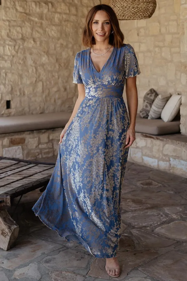 Baltic Born Wedding Guest Women Leslie Velvet Maxi Dress Blue Silver