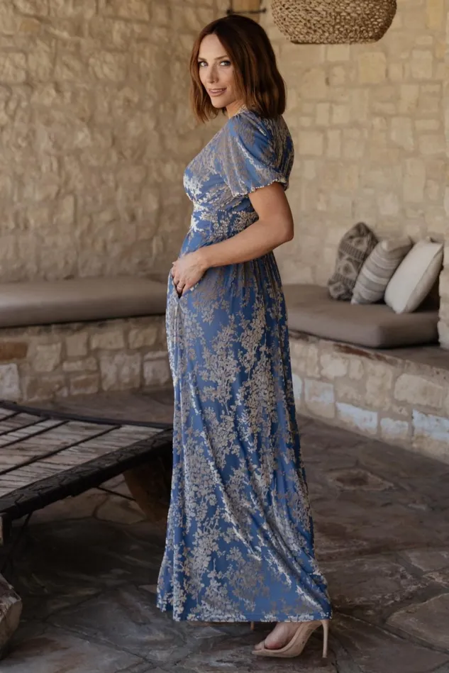 Baltic Born Wedding Guest Women Leslie Velvet Maxi Dress Blue Silver