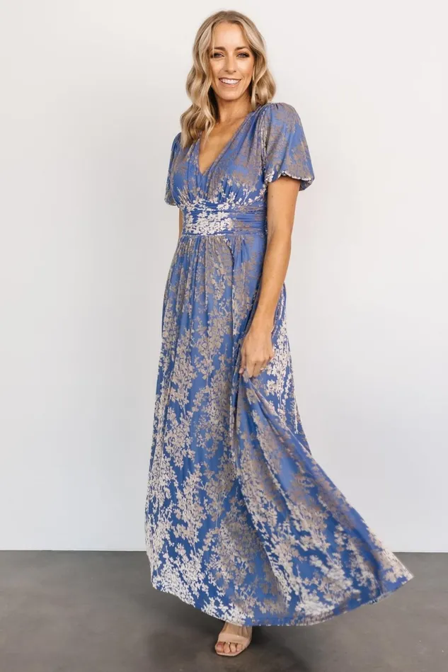 Baltic Born Wedding Guest Women Leslie Velvet Maxi Dress Blue Silver