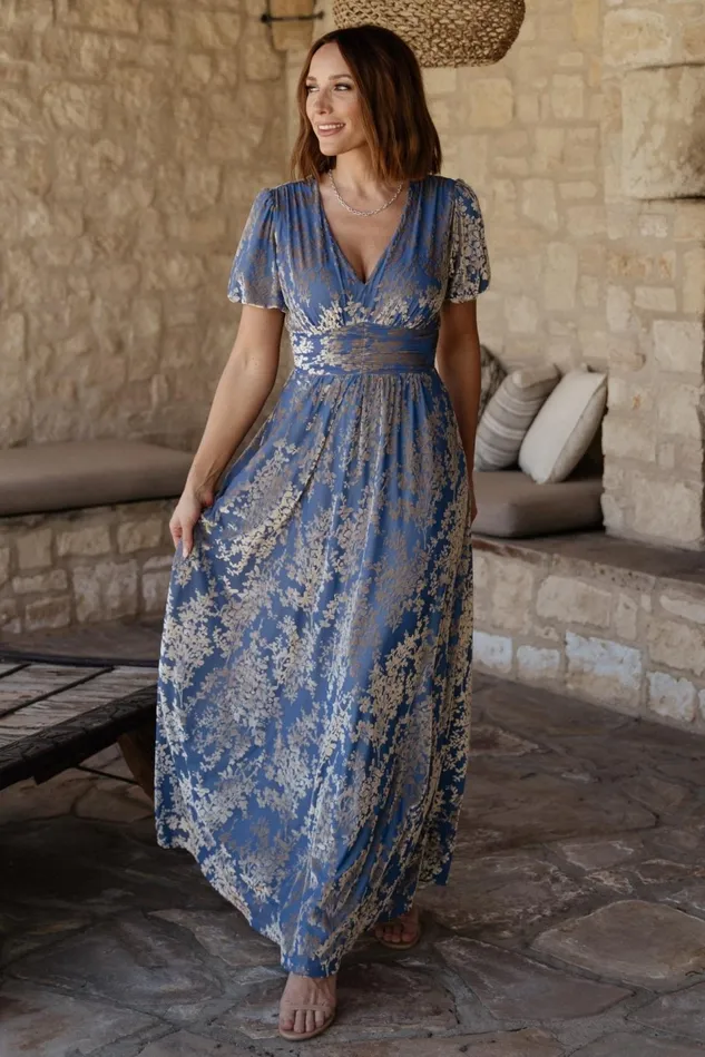 Baltic Born Wedding Guest Women Leslie Velvet Maxi Dress Blue Silver