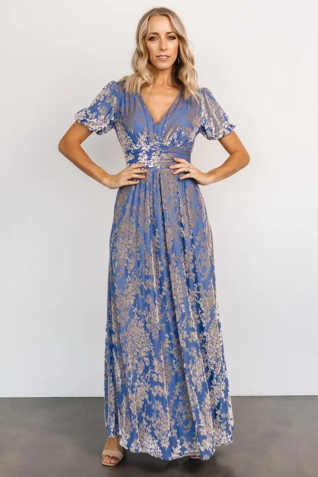 Baltic Born Wedding Guest Women Leslie Velvet Maxi Dress Blue Silver