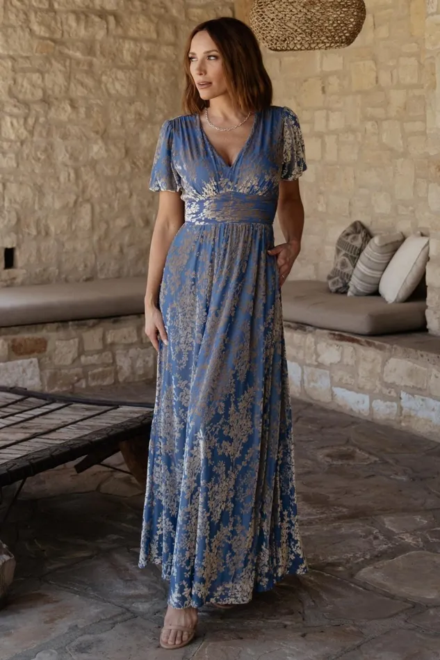 Baltic Born Wedding Guest Women Leslie Velvet Maxi Dress Blue Silver