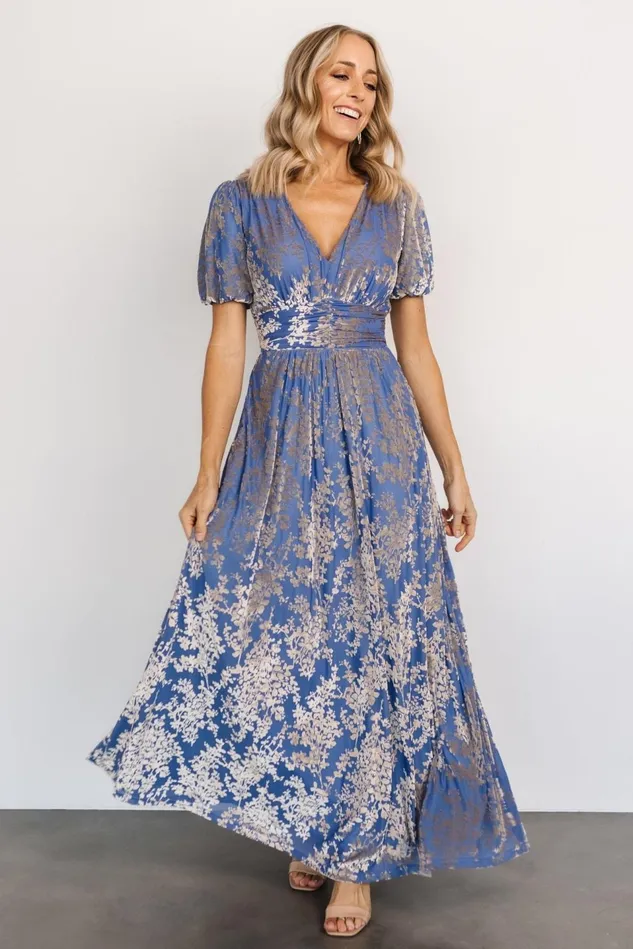 Baltic Born Wedding Guest Women Leslie Velvet Maxi Dress Blue Silver