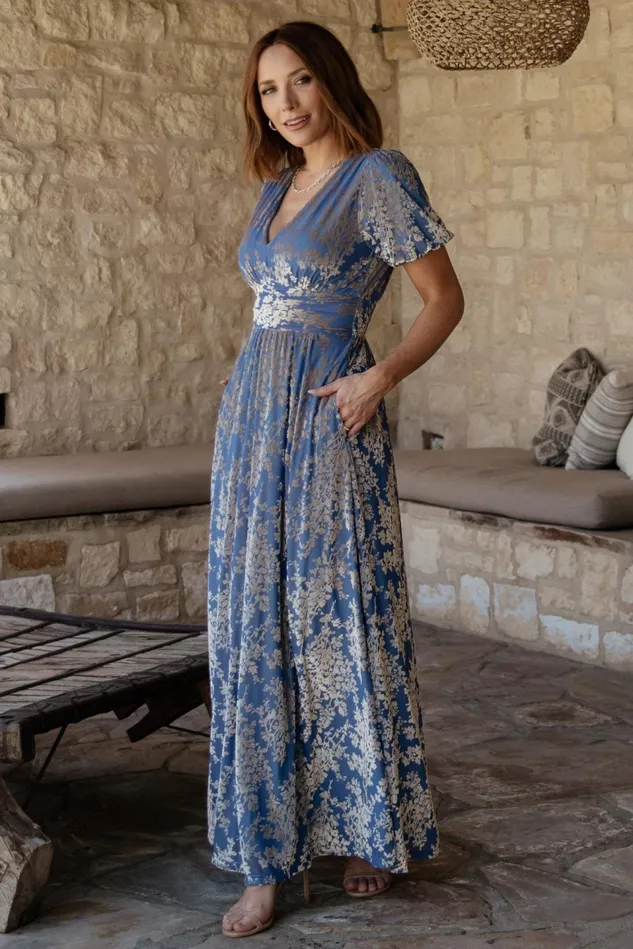 Baltic Born Wedding Guest Women Leslie Velvet Maxi Dress Blue Silver