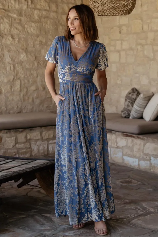 Baltic Born Wedding Guest Women Leslie Velvet Maxi Dress Blue Silver
