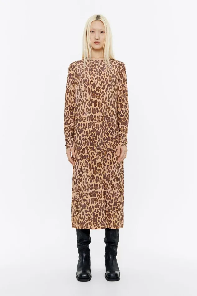 Beige Leopard Viscose Midi Dress Leopard Natural Women Bimba Y Lola Dresses And Jumpsuits