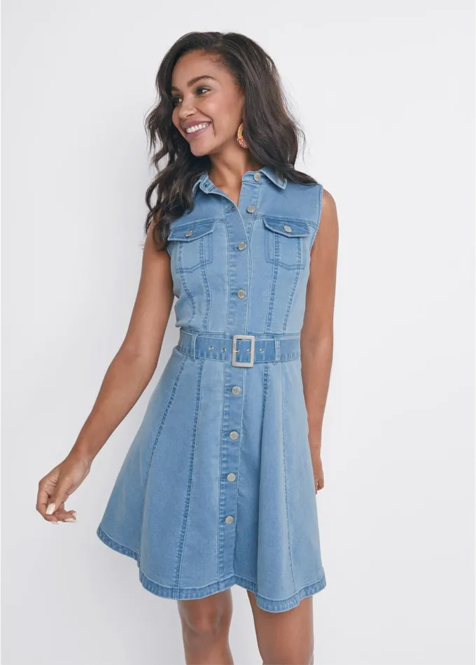 BELTED ALINE DENIM DRESS Light Wash Women VENUS Sundresses