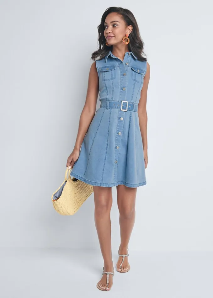 BELTED ALINE DENIM DRESS Light Wash Women VENUS Sundresses
