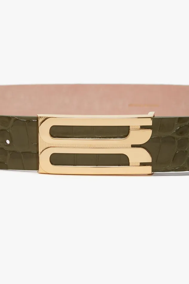 Belts Women Victoria Beckham Exclusive Jumbo Frame Belt In Khaki Croc Embossed Calf Leather Belts Women Victoria Beckham Exclusive Jumbo Frame Belt In Khaki Croc Embossed Calf Leather