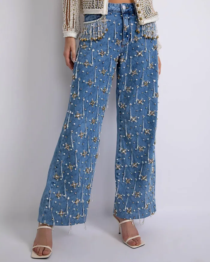 Bottoms Women PatBO HANDBEADED HIGH WAIST JEANS RUNWAY