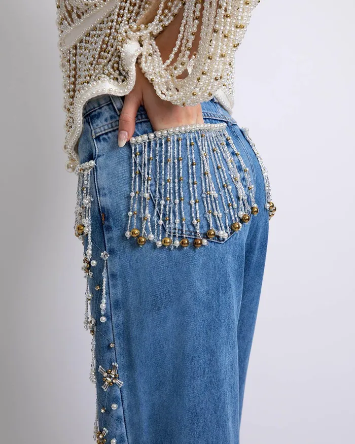 Bottoms Women PatBO HANDBEADED HIGH WAIST JEANS RUNWAY