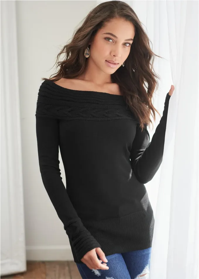 CABLE DETAIL TUNIC SWEATER Black Women VENUS Pullover