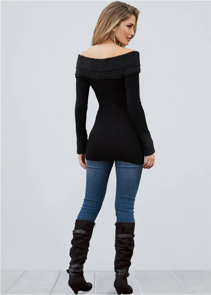 CABLE DETAIL TUNIC SWEATER Black Women VENUS Pullover