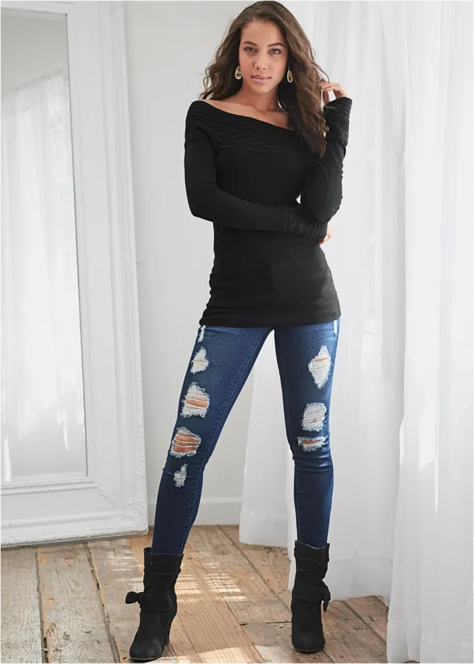 CABLE DETAIL TUNIC SWEATER Black Women VENUS Pullover