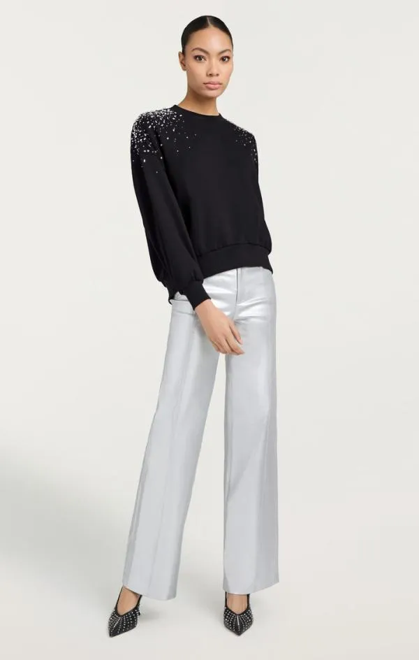 Cinq Sept Crackle Rhinestone Embellished Brandy Pullover Black Women Long Sleeve Tops